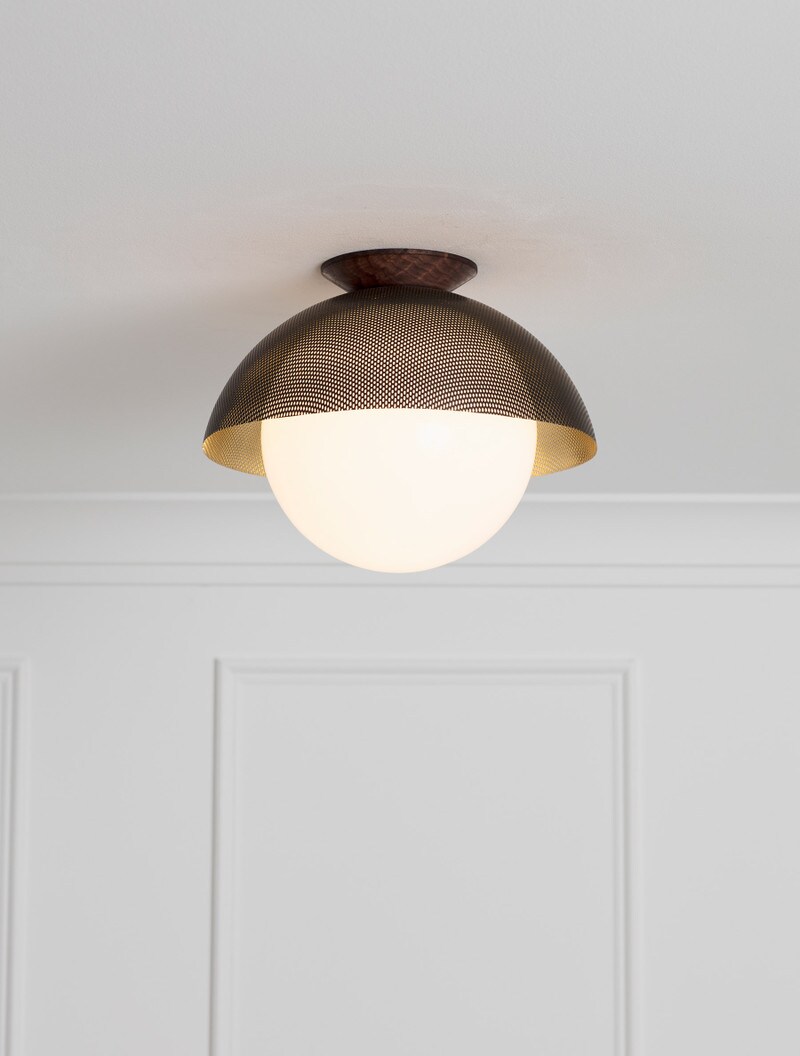 Flush Dome 14" Perforated shown in Blackened Brass, Black Walnut, Opal Globe